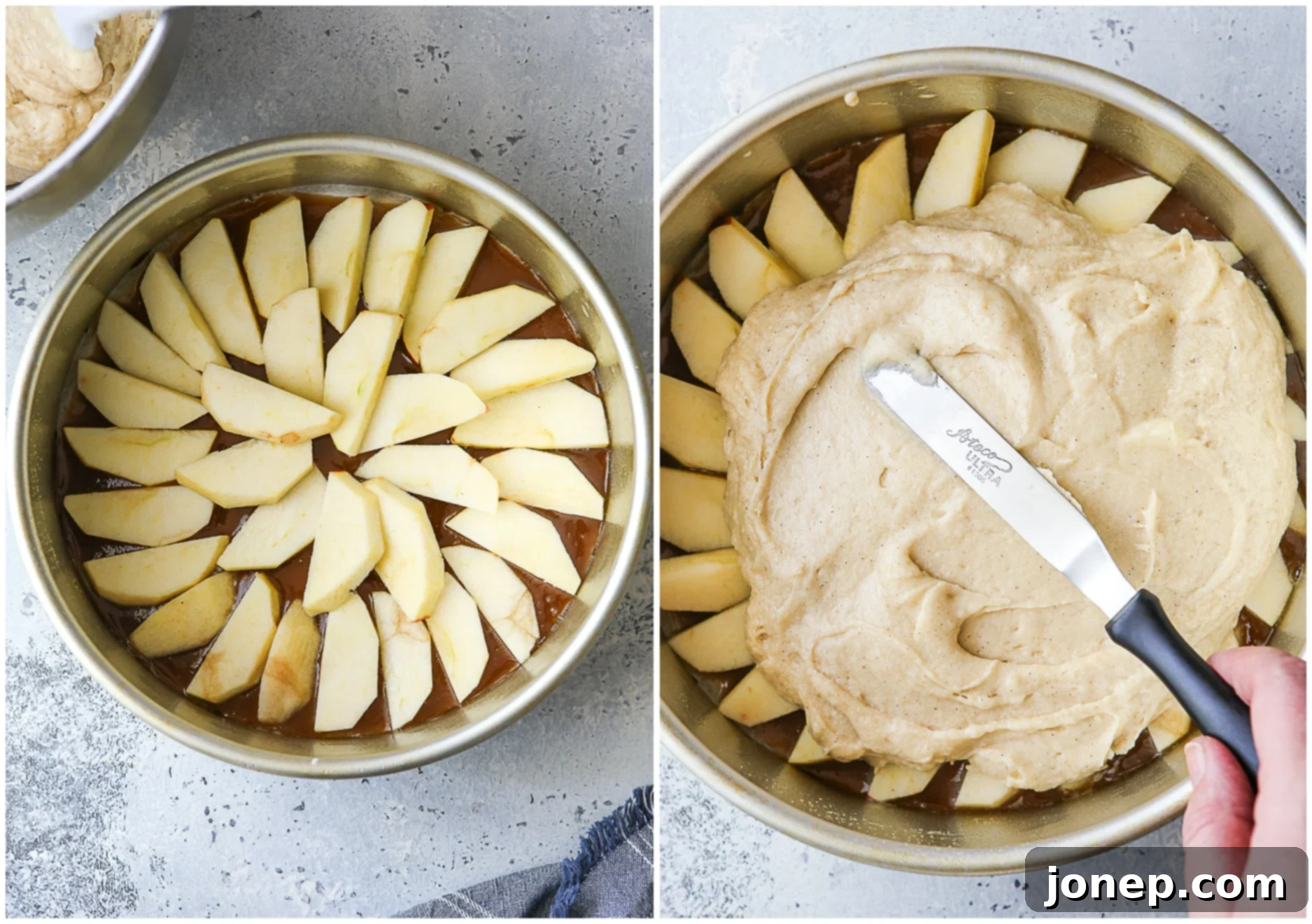 lining pan with caramel, apples and cake batter