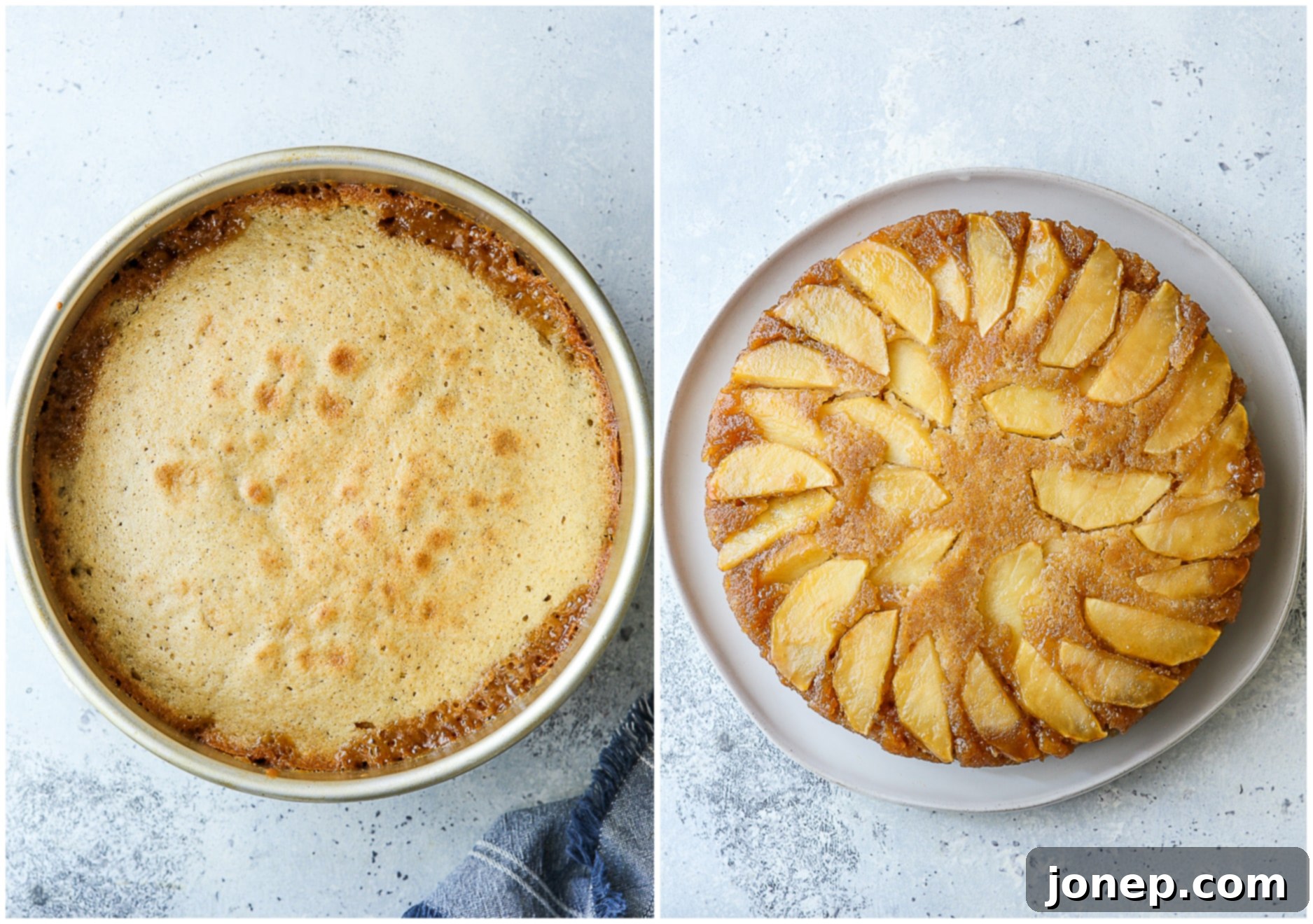 baked caramel apple cake before and after flipping it upside down