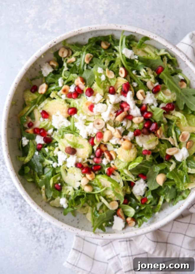 Shredded Brussels sprouts and arugula salad with feta, hazelnuts and pomegranate