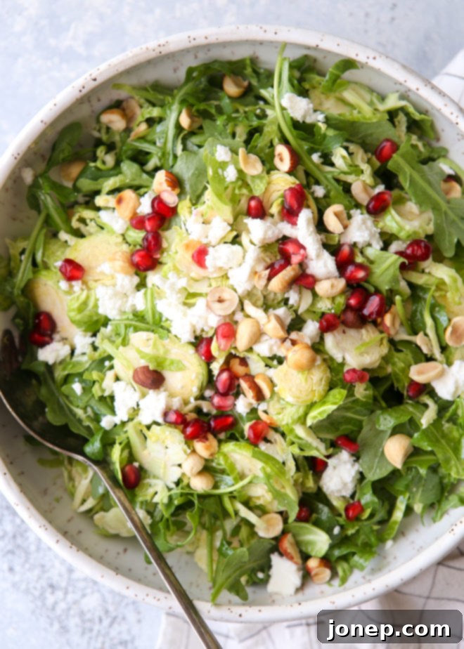 Shredded Brussels sprouts and arugula salad with feta, hazelnuts and pomegranate