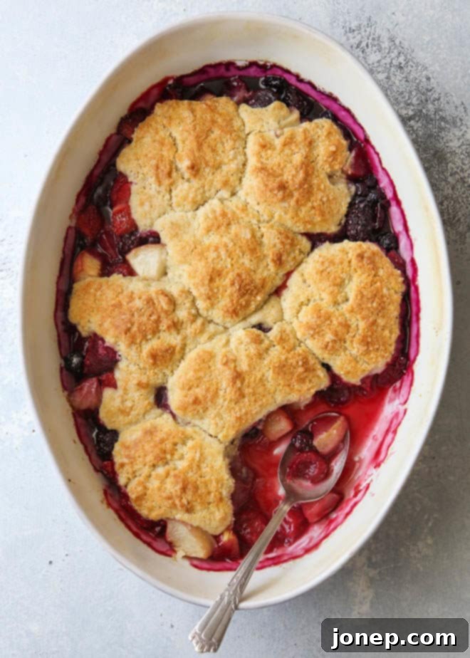 A generous serving of ultimate summer fruit cobbler topped with a scoop of vanilla ice cream, ready to be enjoyed.
