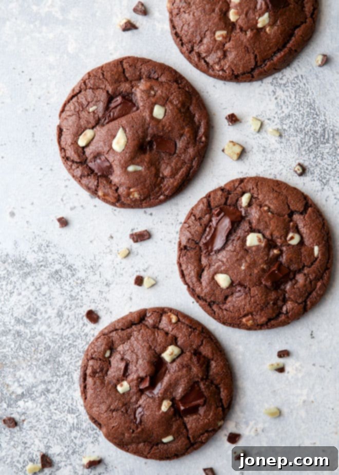 Another view of the soft and fudgy chocolate mint cookies, highlighting their texture