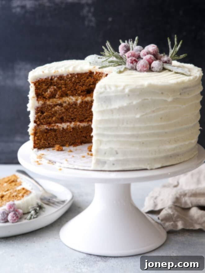 gingerbread layer cake on cake stand