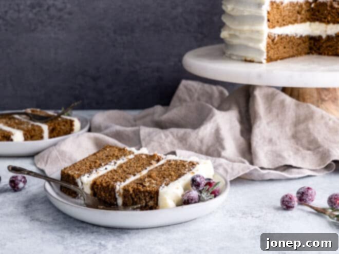 closeup of gingerbread cake slice on plate