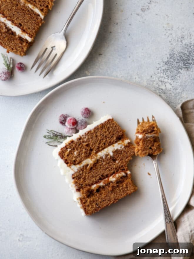bite taken out of gingerbread layer cake