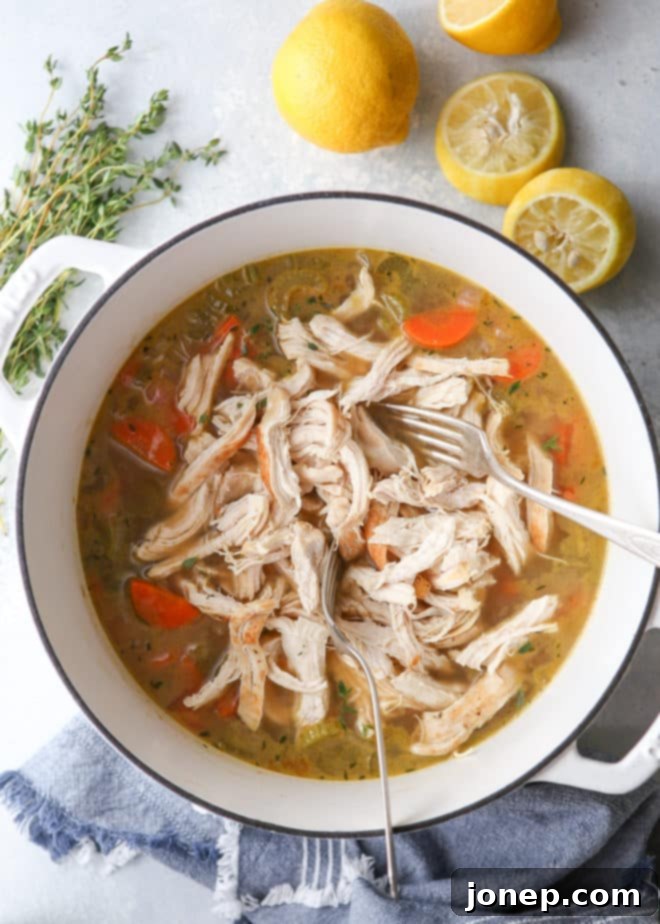 A ladle scooping up hearty lemon, chicken, and farro soup from a pot, showcasing the texture