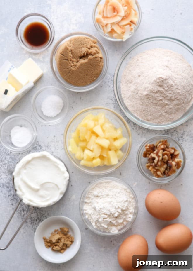 Ingredients needed for pineapple coconut bread, including flours, brown sugar, pineapple, coconut, and wet ingredients.
