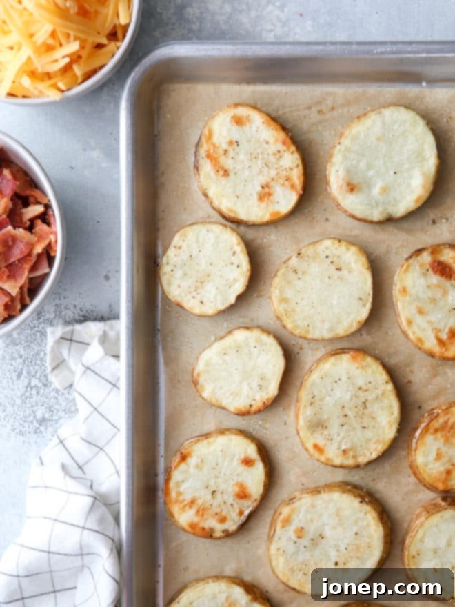 Perfectly roasted russet potato slices arranged on a baking sheet, golden and ready to be loaded with cheese, bacon, sour cream, and green onions for delicious potato bites.