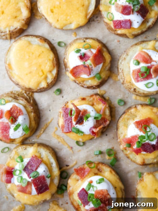 Hands carefully loading each baked potato round with shredded cheddar cheese, preparing them for a final bake to melt the cheese perfectly, before adding the remaining savory toppings.