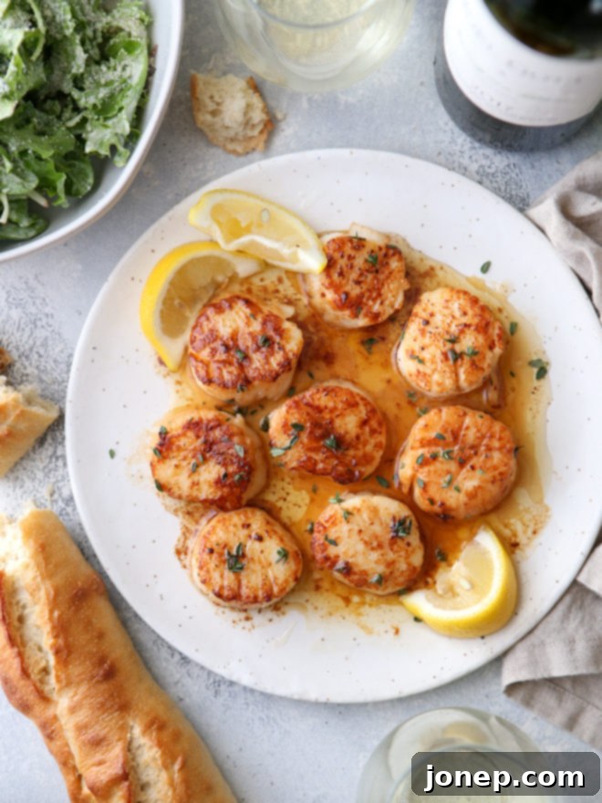 These pan-seared scallops with lemon butter sauce are delicious, elegant, and are ready in less than 10 minutes!