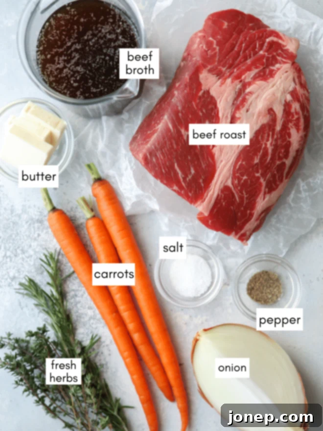 Essential ingredients for a delicious slow cooker pot roast, including beef, vegetables, and herbs.