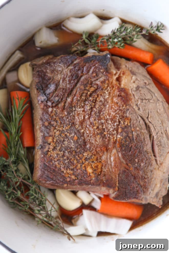 This pot roast is prepped and ready for the slow cooker in just 15 minutes, promising a flavorful meal.