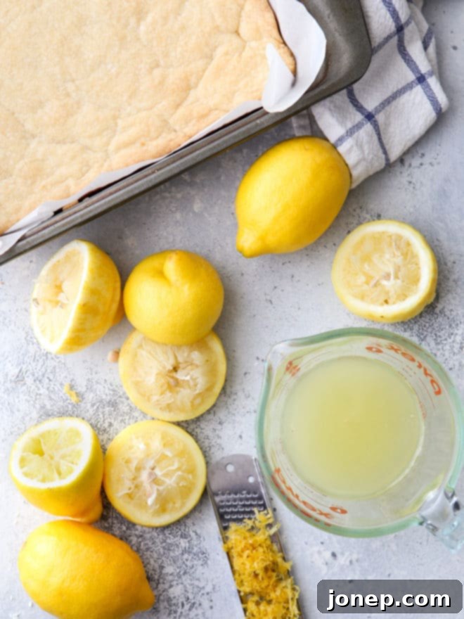 Close-up of golden lemon bars dusted with powdered sugar, ready for serving.