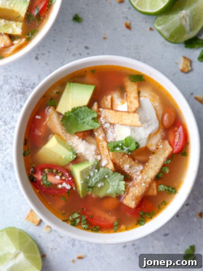 A close-up shot of a spoon dipping into a bowl of chicken tortilla soup, garnished with fresh cilantro and a lime wedge.