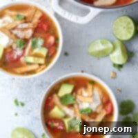 A perfectly portioned serving of Chicken Tortilla Soup in a white bowl, ready to be enjoyed.