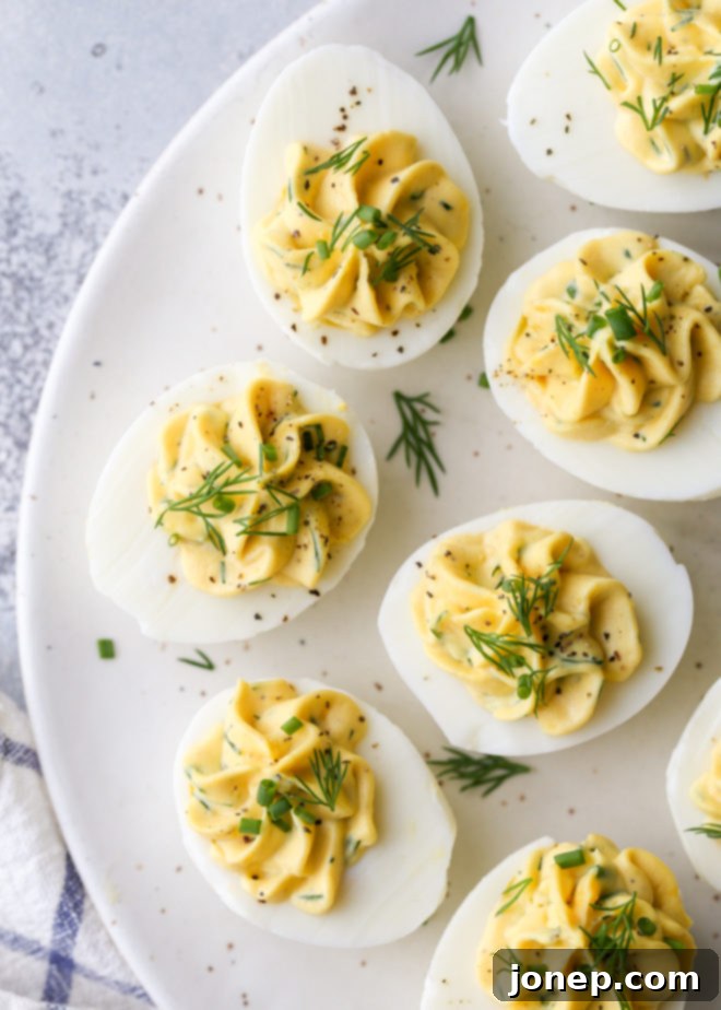Garden Fresh Deviled Eggs 2 Classic deviled eggs made with mayonnaise, mustard and fresh chives and dill are a simple but irresistible appetizer.