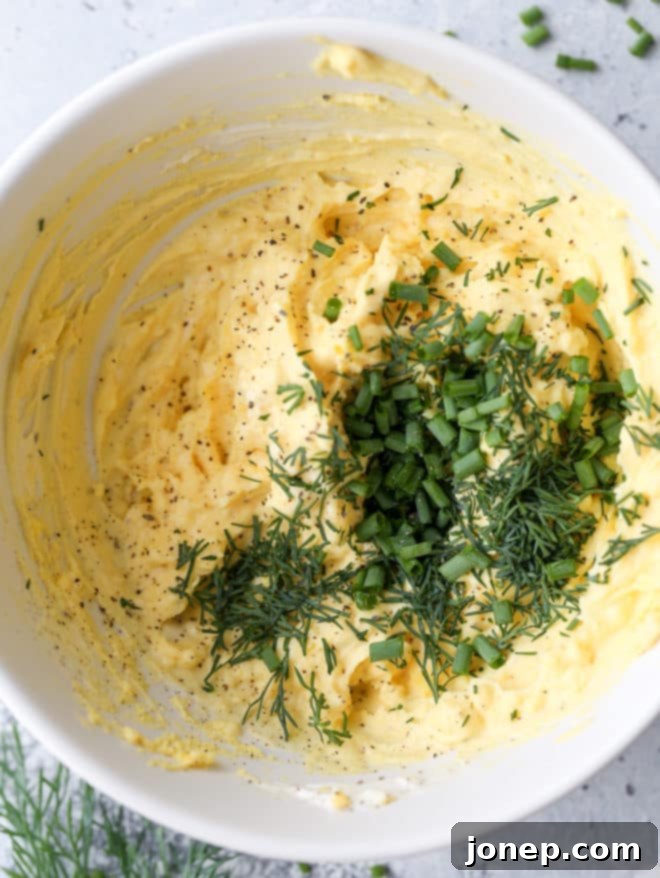 Garden Fresh Deviled Eggs 5 Classic deviled eggs made with mayonnaise, mustard and fresh chives and dill are a simple but irresistible appetizer.