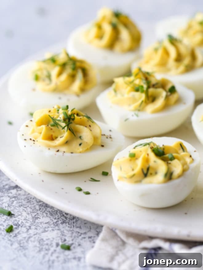 Garden Fresh Deviled Eggs 6 Classic deviled eggs made with mayonnaise, mustard and fresh chives and dill are a simple but irresistible appetizer.