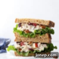 This delicious chicken salad is filled with shredded chicken, chopped pecans, diced apples, dried cherries, and a rosemary scented dressing.