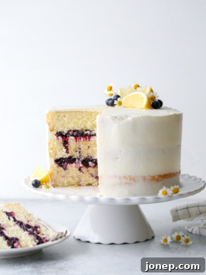 Beautifully frosted lemon blueberry layer cake, ready to be served, adorned with fresh lemon slices and blueberries