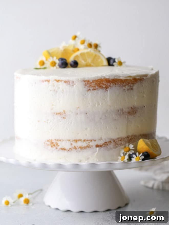 A slice of lemon blueberry cake showing distinct layers of lemon cake, blueberry preserves, and lemon buttercream