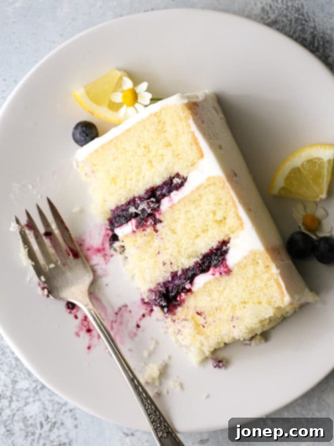 A generous slice of lemon blueberry cake with multiple layers on a white plate, ready to be enjoyed