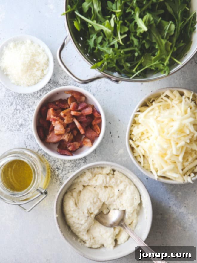 This simple but irresistible three-cheese white pizza is topped with crispy bacon and fresh arugula for maximum flavor.