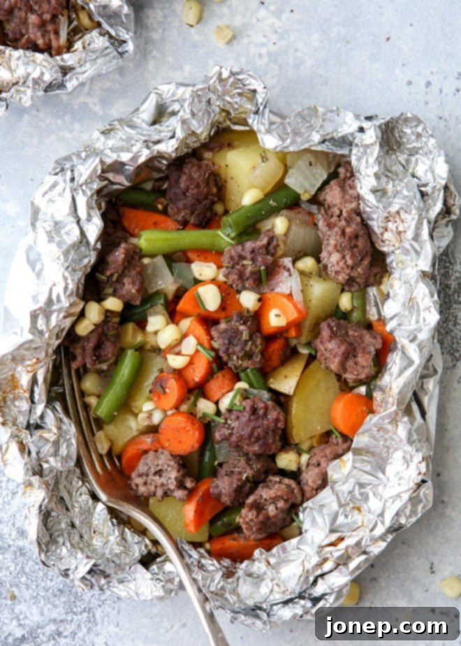 These beef and veggie tin foil dinners are an entire meal wrapped up in foil and cooked on the grill, over a fire, or in the oven.
