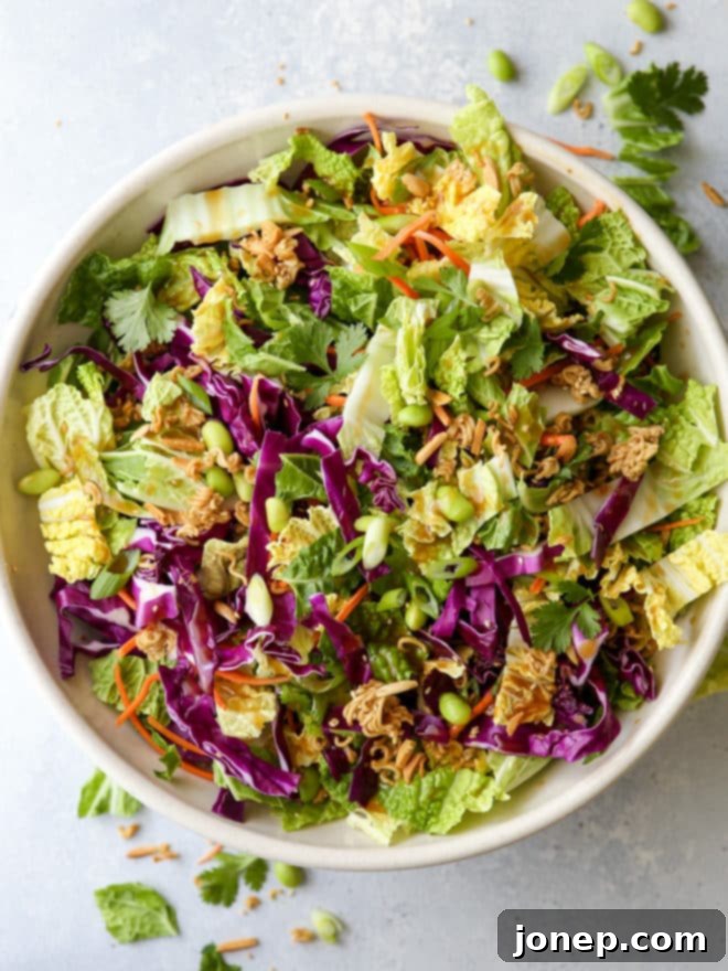 This Asian ramen cabbage salad is filled with napa and purple cabbage, shredded carrots, scallions, shelled edamame, crunchy ramen noodles, slivered almonds and a peanut sesame dressing.