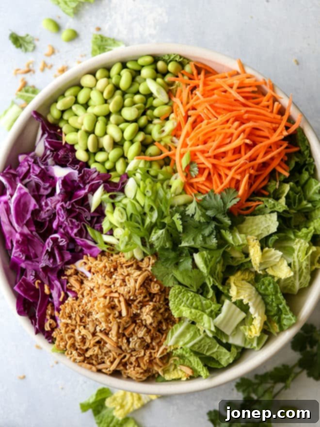 This Asian ramen cabbage salad is filled with napa and purple cabbage, shredded carrots, scallions, shelled edamame, crunchy ramen noodles, slivered almonds and a peanut sesame dressing.