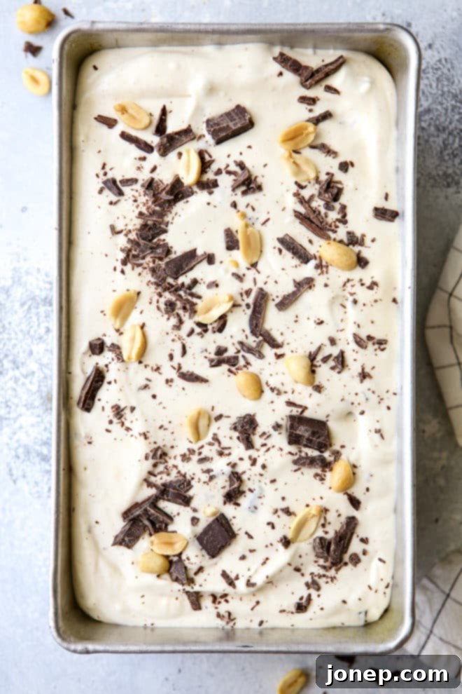 Close-up of the delicious no-churn peanut butter chocolate chunk ice cream mixture before freezing