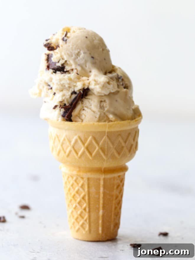 Homemade No-Churn Peanut Butter Chocolate Chunk Ice Cream 6 A container of freshly made no-churn peanut butter chocolate chunk ice cream.