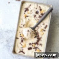Homemade No-Churn Peanut Butter Chocolate Chunk Ice Cream 7 A top-down view of the frozen no-churn peanut butter chocolate chunk ice cream.