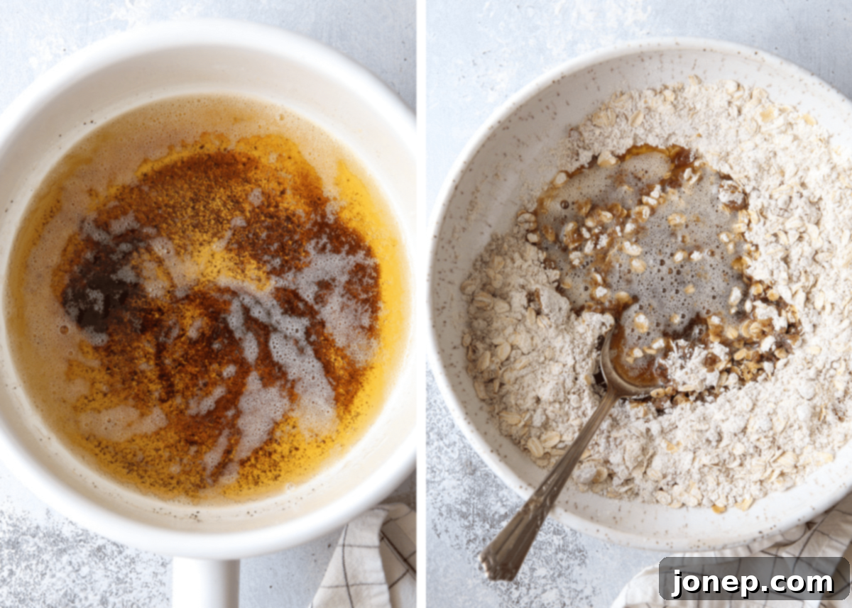 making brown butter and mixing the crisp topping