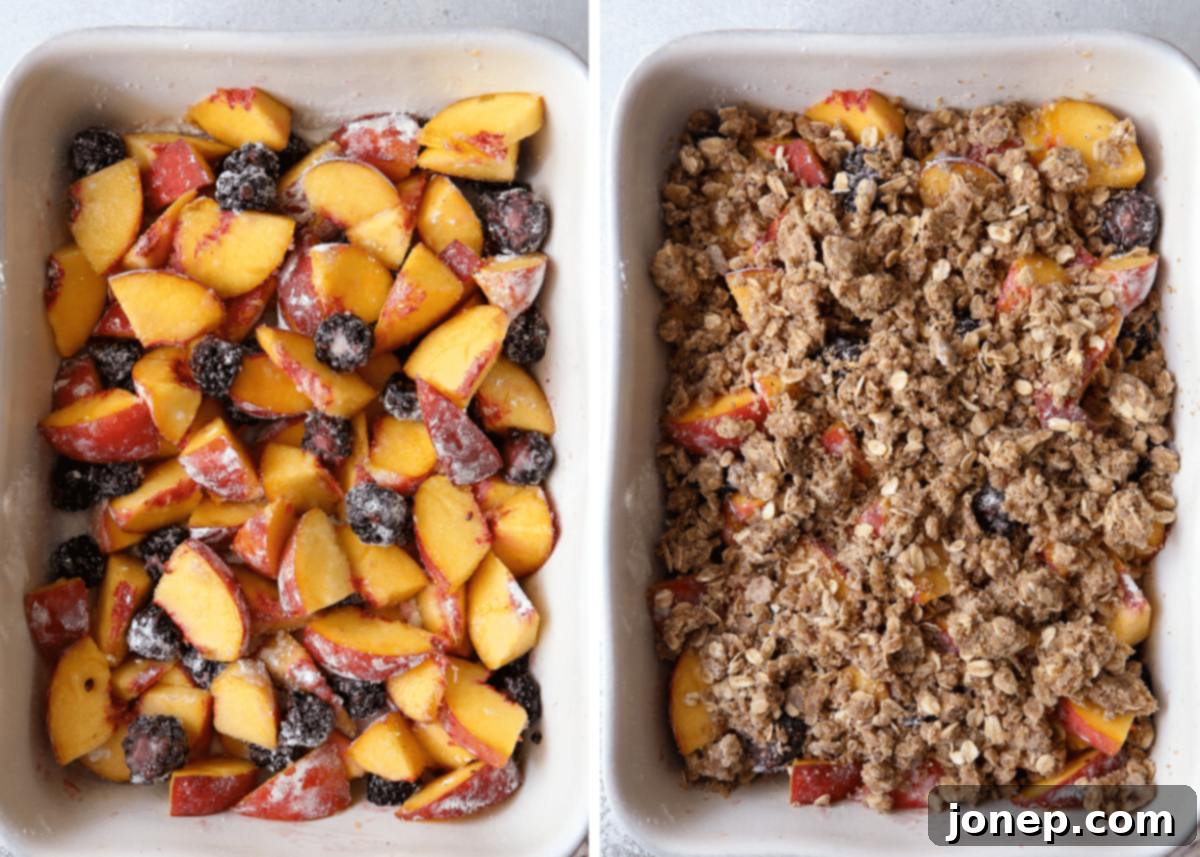 layering the fruit filling and crisp topping on top