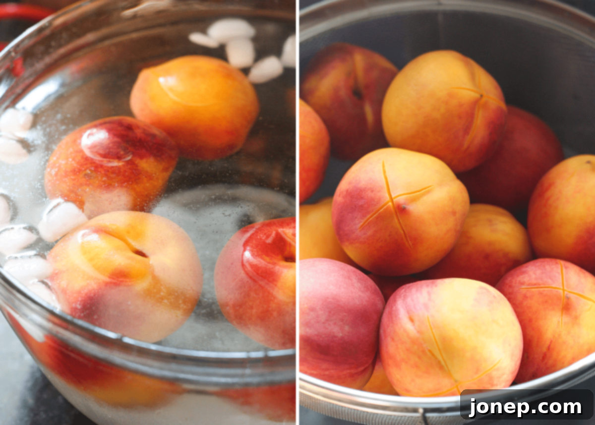 Blanched peaches cooling in an ice water bath, ready for peeling