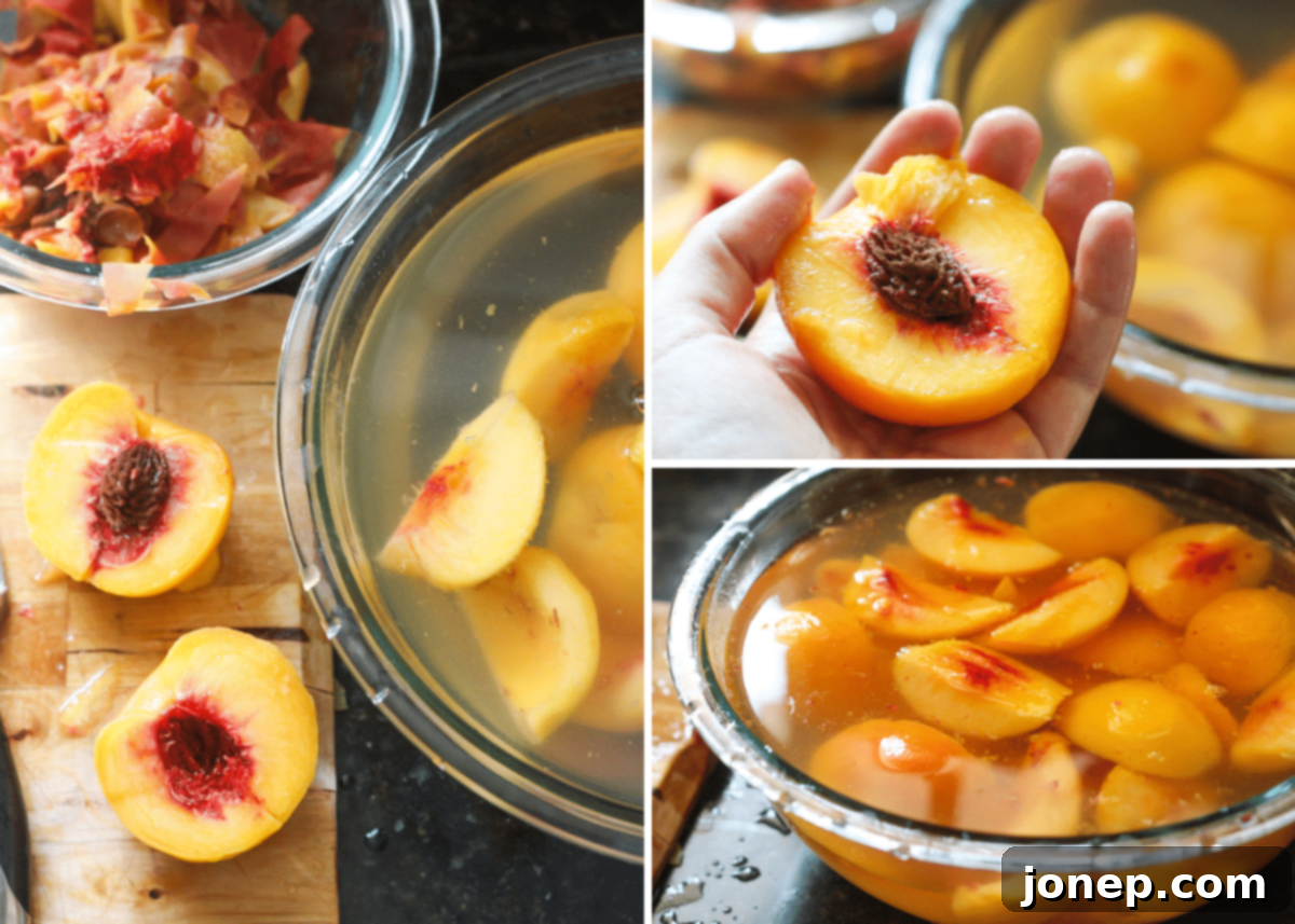 Process of slicing and pitting fresh peaches for canning, submerged in lemon water