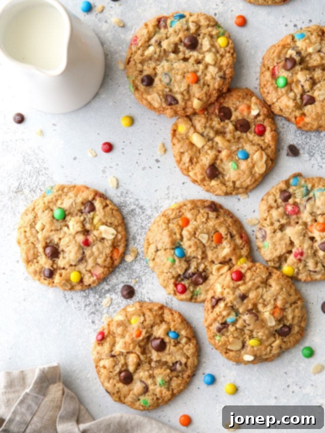 These extra-large monster cookies are the ultimate cookie! They're packed with M&Ms, oats, chocolate chips, peanuts, and crispy rice cereal. 