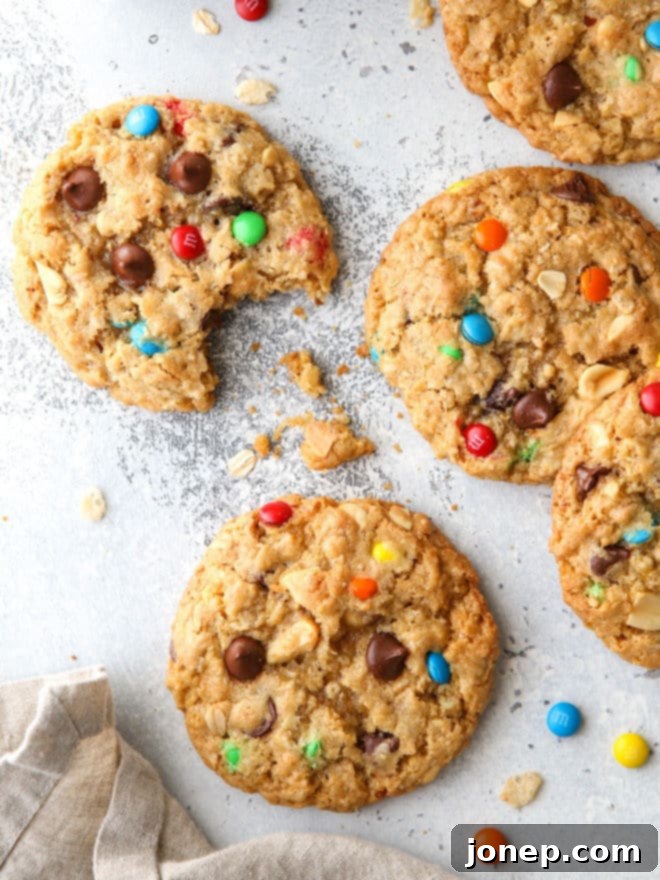 These extra-large monster cookies are the ultimate cookie! They're packed with M&Ms, oats, chocolate chips, peanuts, and crispy rice cereal. 
