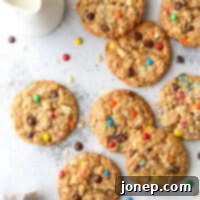 These extra-large monster cookies are the ultimate cookie! They're packed with M&Ms, oats, chocolate chips, peanuts, and crispy rice cereal. 