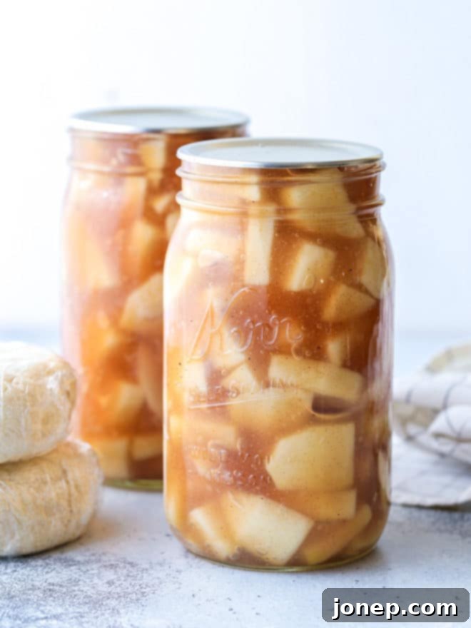 Homemade apple pie filling makes fall baking a snap! Jars filled with sweet, spiced apples.