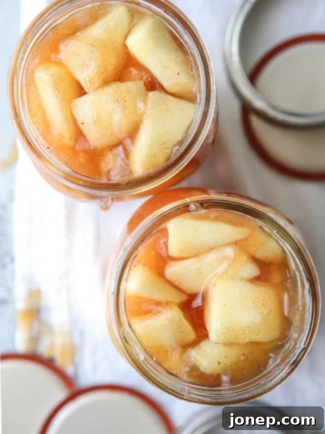 Neatly arranged jars of homemade apple pie filling, ready for storage.