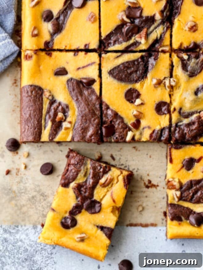 Sliced pumpkin cheesecake swirl brownies showing distinct layers and a beautiful swirl pattern, ready for serving on a white plate