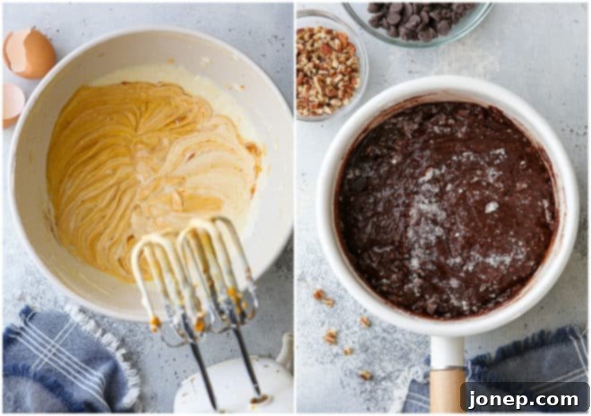 Hands mixing pumpkin cheesecake batter and brownie batter separately in bowls, highlighting the two components of the dessert