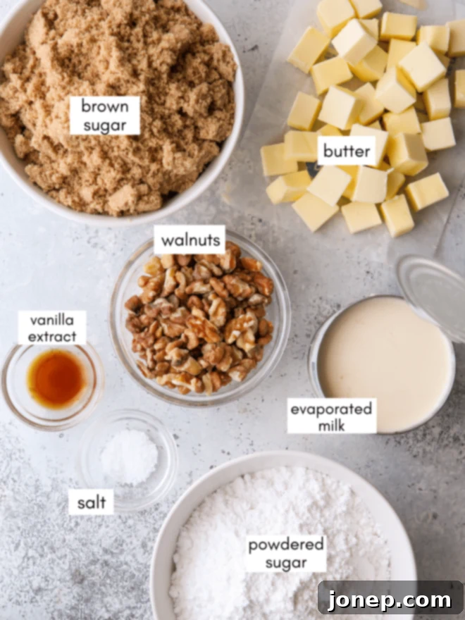 Golden Penuche Brown Sugar Fudge 3 ingredients laid out for brown sugar fudge making