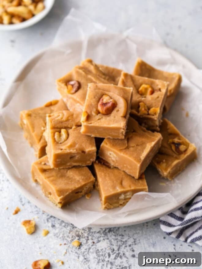 Golden Penuche Brown Sugar Fudge 7 beautifully sliced brown sugar fudge pieces on a serving plate