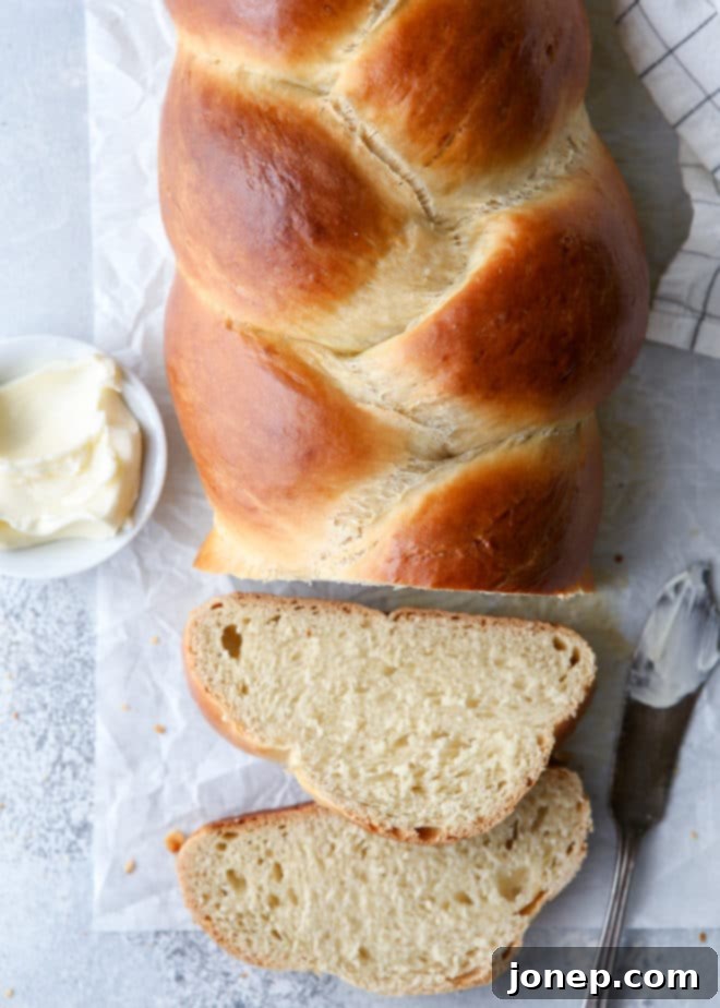 Another view of the light, tender, and super flavorful braided egg bread loaf