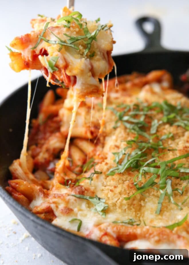The final delicious chicken parmesan pasta skillet, ready to be served.