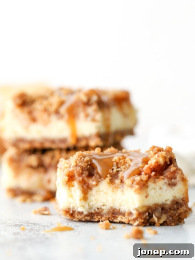 A close-up shot of a single Caramel Apple Cheesecake Bar, showing the distinct layers of graham cracker streusel, creamy cheesecake, cinnamon apples, and a rich caramel drizzle. The bar is perfectly portioned and inviting.