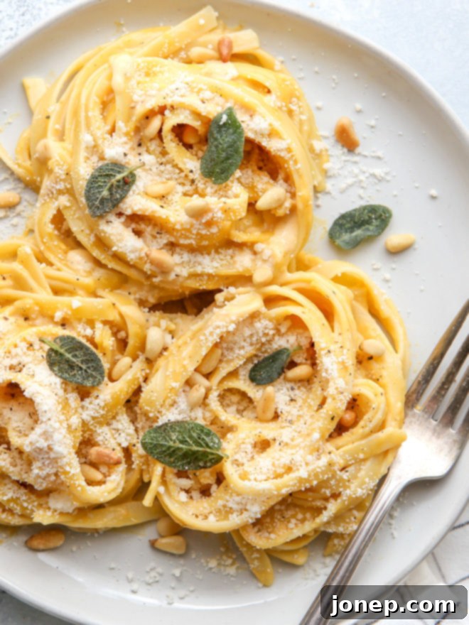 This rich and creamy pumpkin alfredo pasta is made with canned pumpkin puree and a dash of nutmeg. 